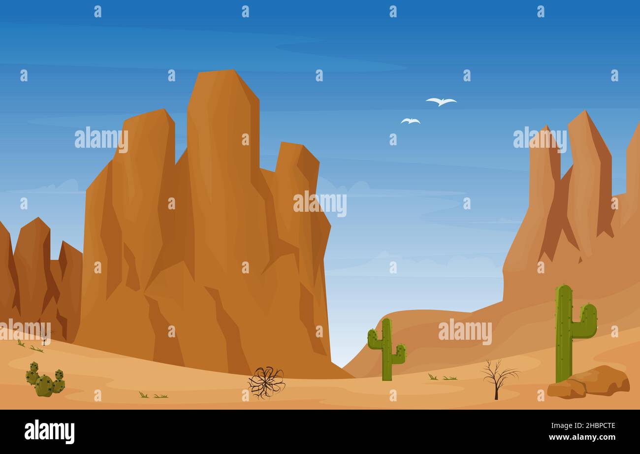 Rock Cliff Mountain Desert Country Cactus Travel Vector Flat Design Illustration Stock Vector