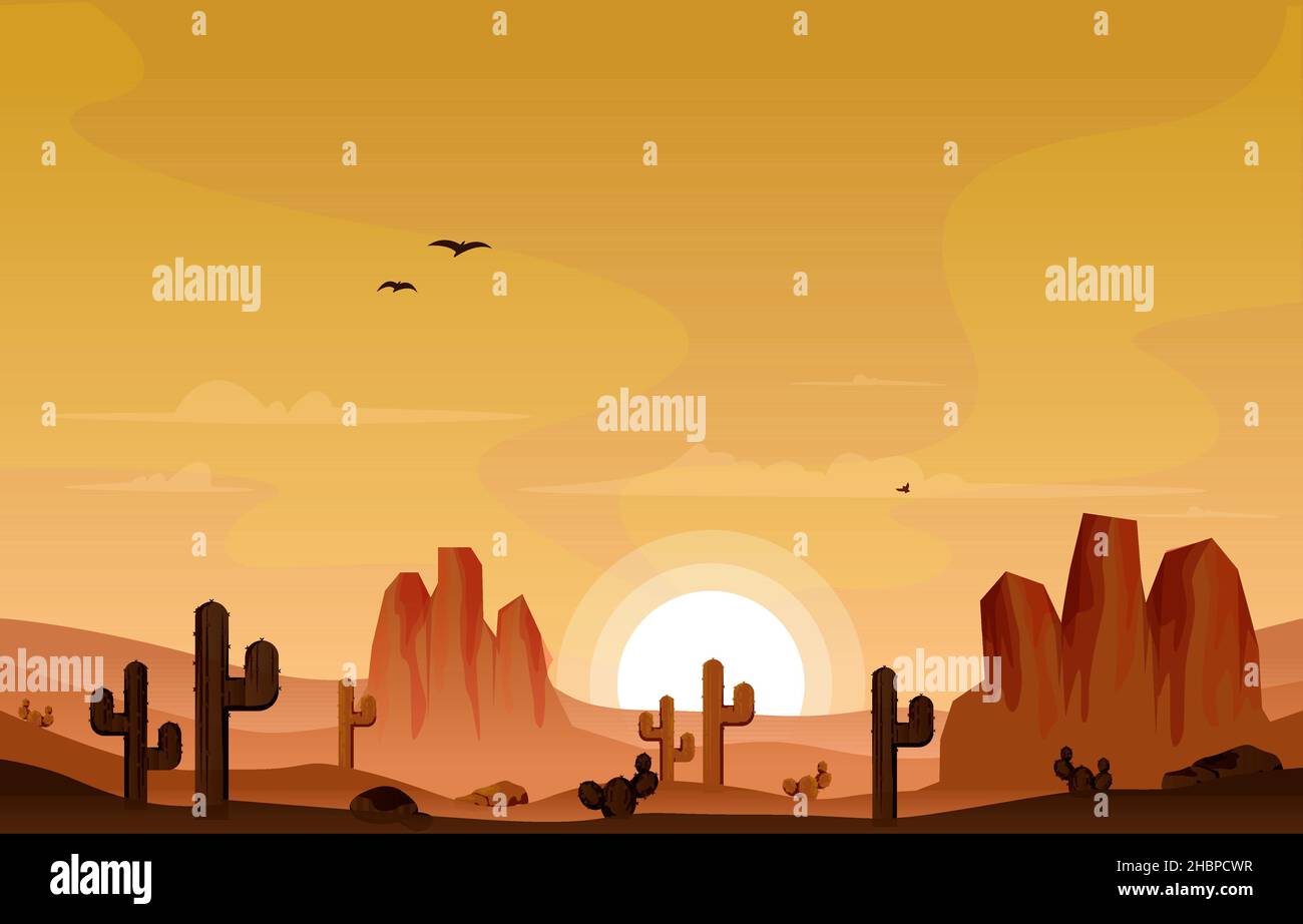 Sunrise Cliff Desert Country Cactus Travel Vector Flat Design Illustration Stock Vector