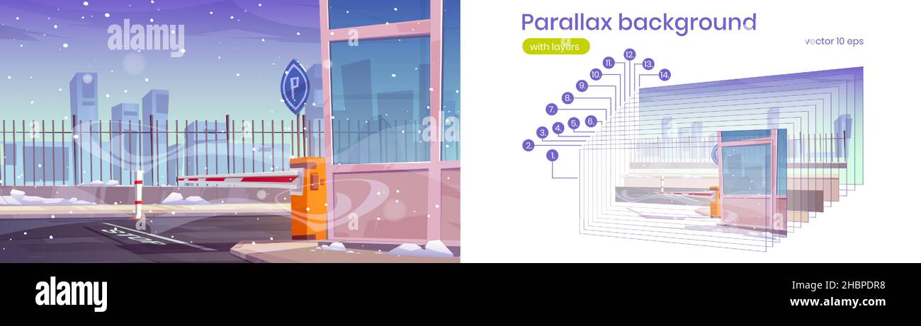 Automatic car barrier to security parking with snow and wind. Vector parallax background for 2d animation with cartoon illustration of automobile park entry with closed gate, checkpoint in winter Stock Vector