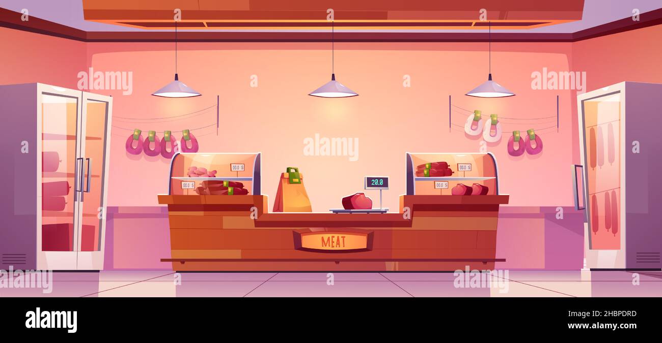 Meat shop, butchery store interior with farm production on showcase, cashier desk and scales. Fresh sausages hang on wall, farmer meaty products, food in supermarket stall, Cartoon vector illustration Stock Vector