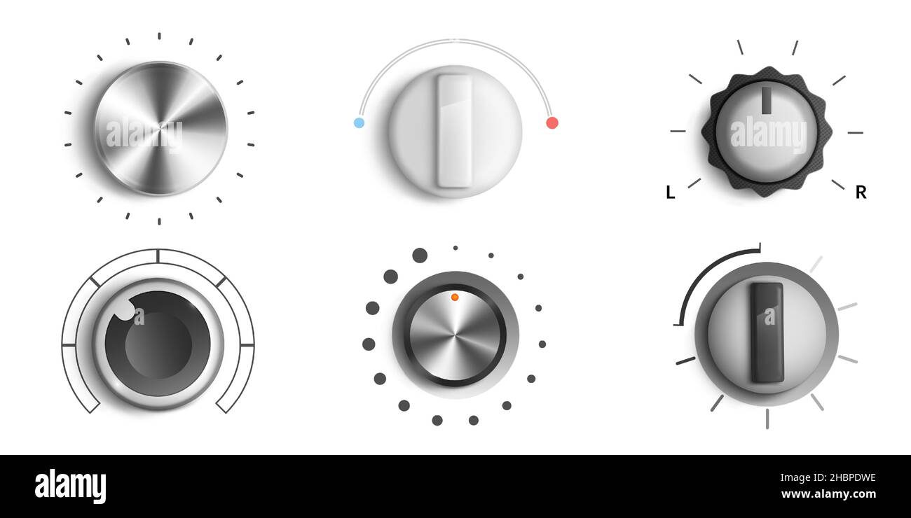 Volume knobs, round adjustment dial. Regulator level and analog buttons, Min Max music sound switchers, round tuners for audio stereo system, isolated ui app design elements, Realistic 3d vector set Stock Vector