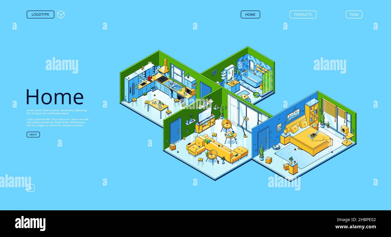 Home isometric landing page, modern apartment interior with bedroom ...