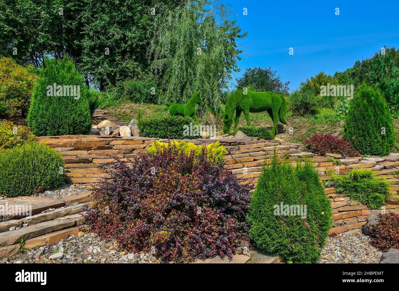 Green sculptures of horse and small foal created from artificial grass - gardens topiary. Creative idea for landscape design. Decorative plants: thuja Stock Photo