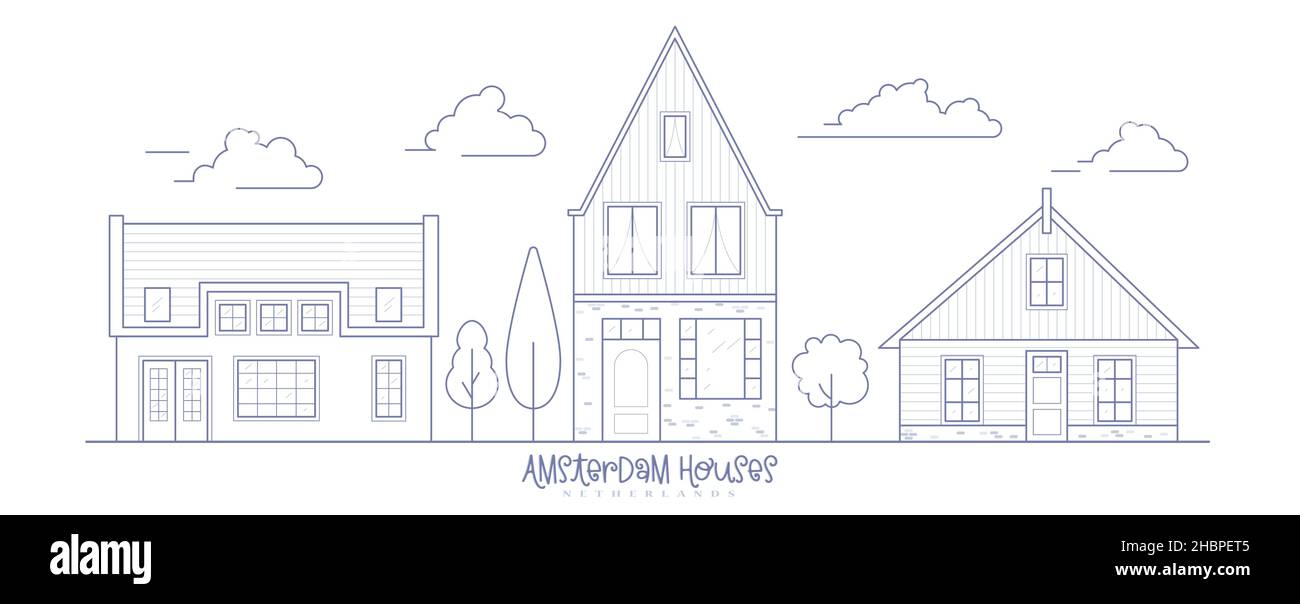 Europe neighborhood houses. Holland suburban with cozy homes. Facades of old traditionsl buildings in Netherlands. Outline vector illustration. Stock Vector