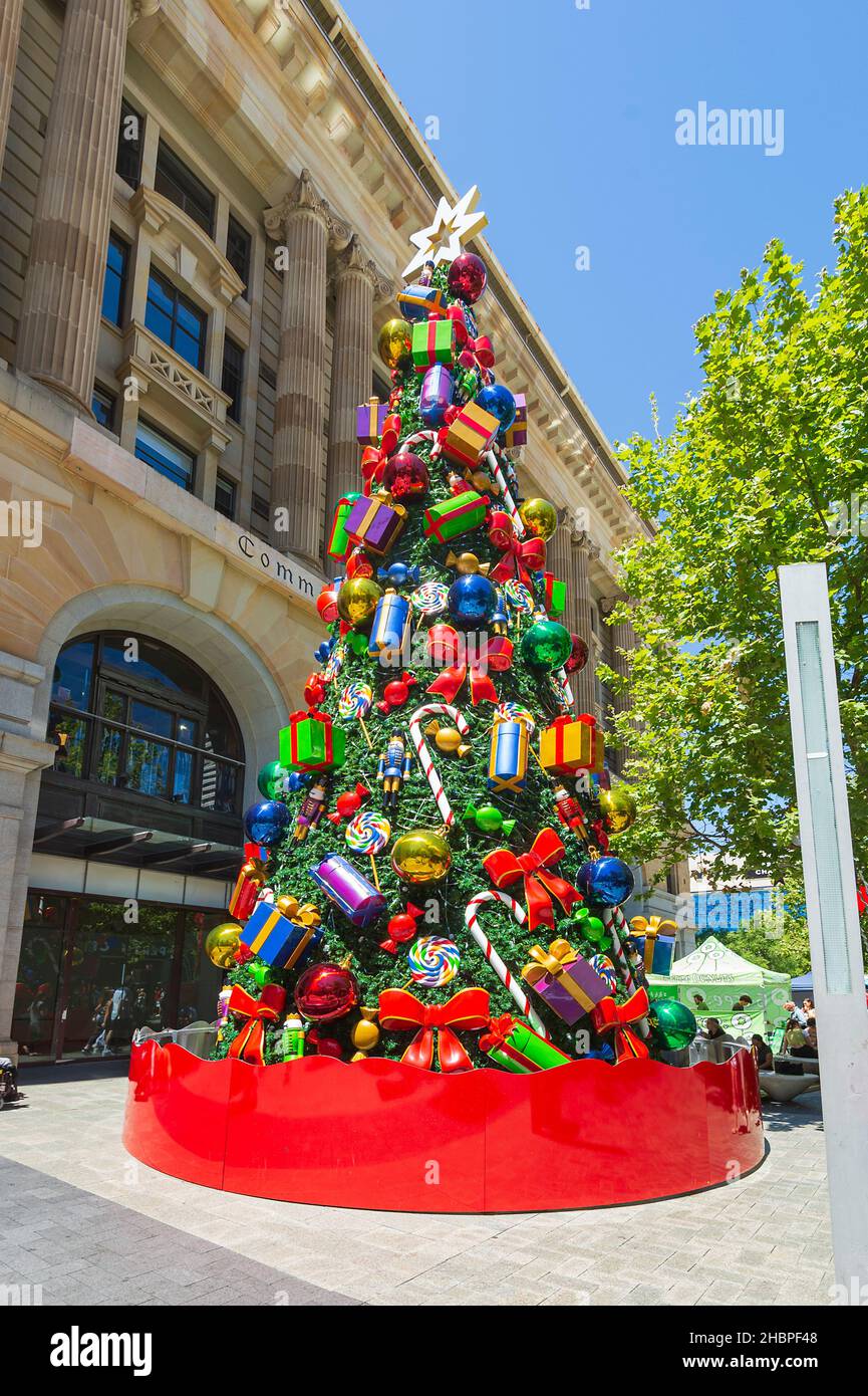 Christmas tree on display in Murray Street, Perth CBD, Western Australia, WA, Australia Stock Photo