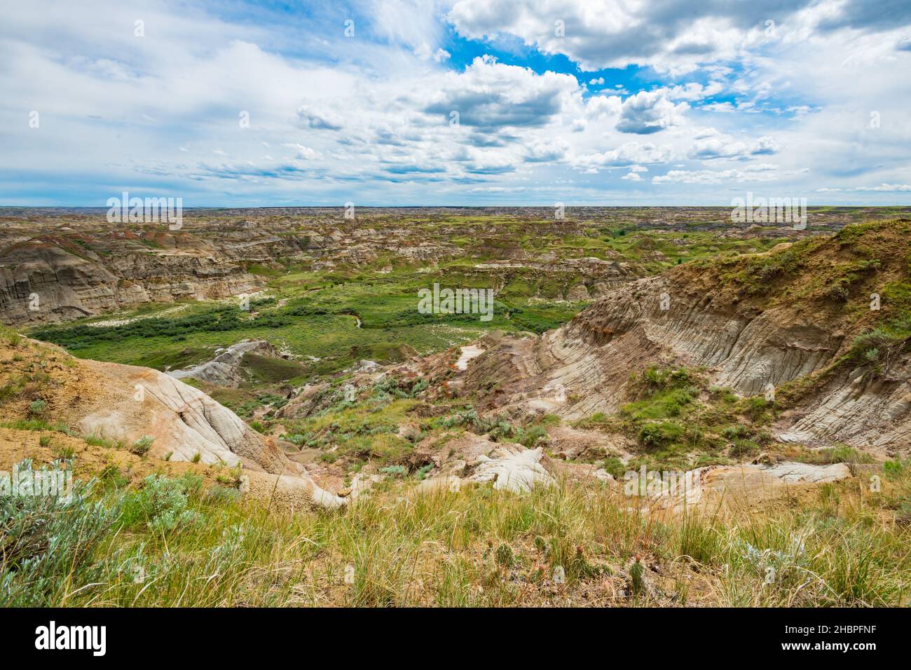Scenic Dinosaur Provincial Park in the arid badlands of Alberta Canada in the heat of summer. Stock Photo