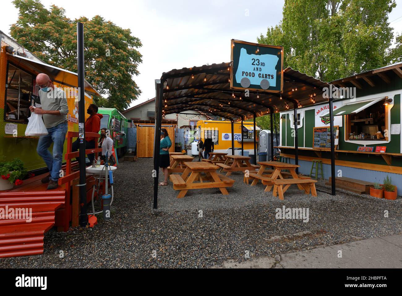 A food cart pod at NE 23rd Ave and Alberta St, Portland, Oregon Stock