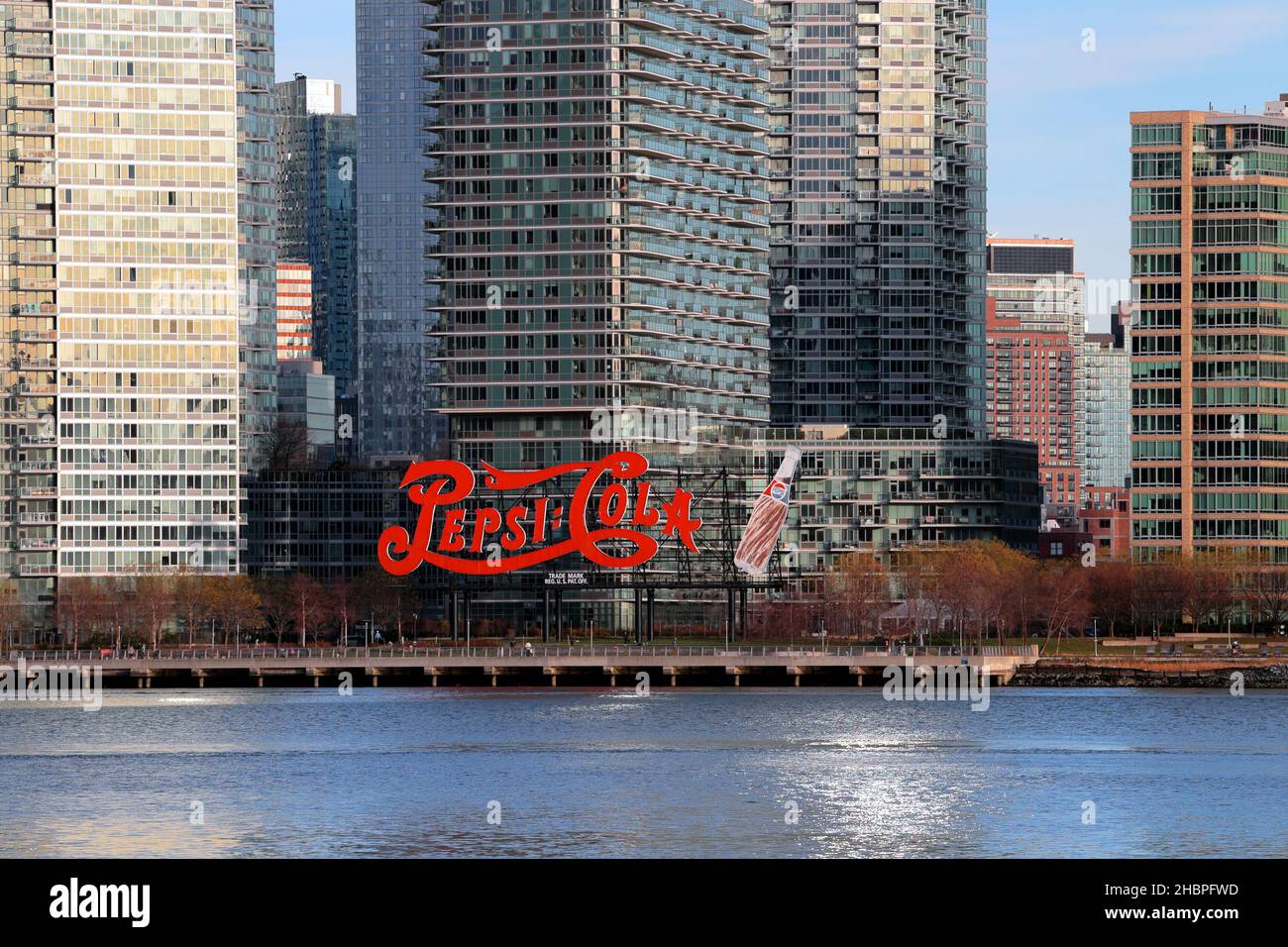 View of the Long Island City waterfront and Gantry Plaza State Park in Queens, New York. Stock Photo