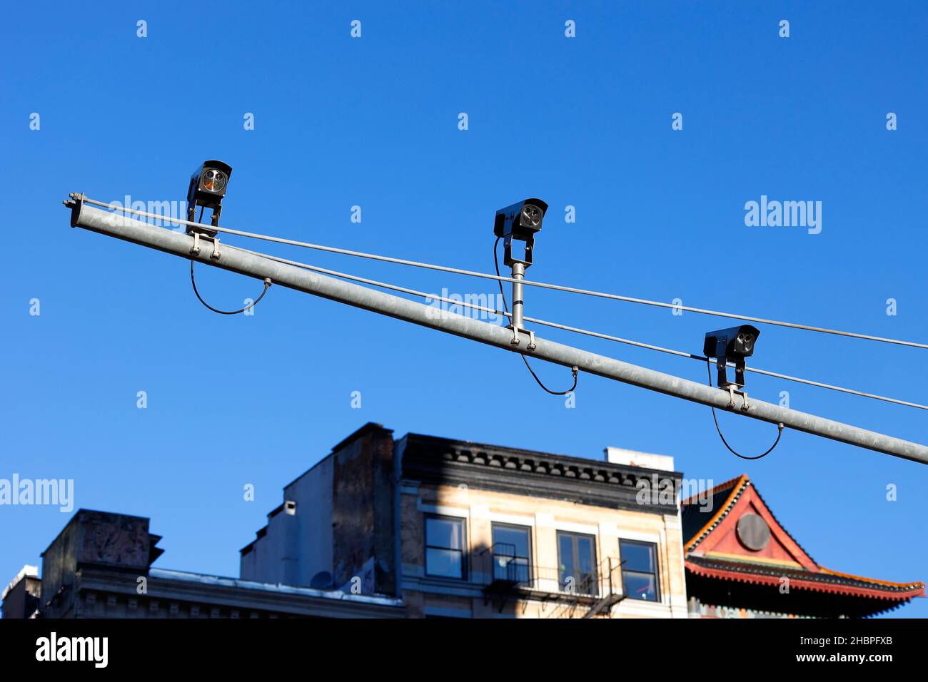 Lower Manhattan Security Initiative counterterrorism cameras, automated license plate readers aimed toward traffic entering below Canal St in New York Stock Photo