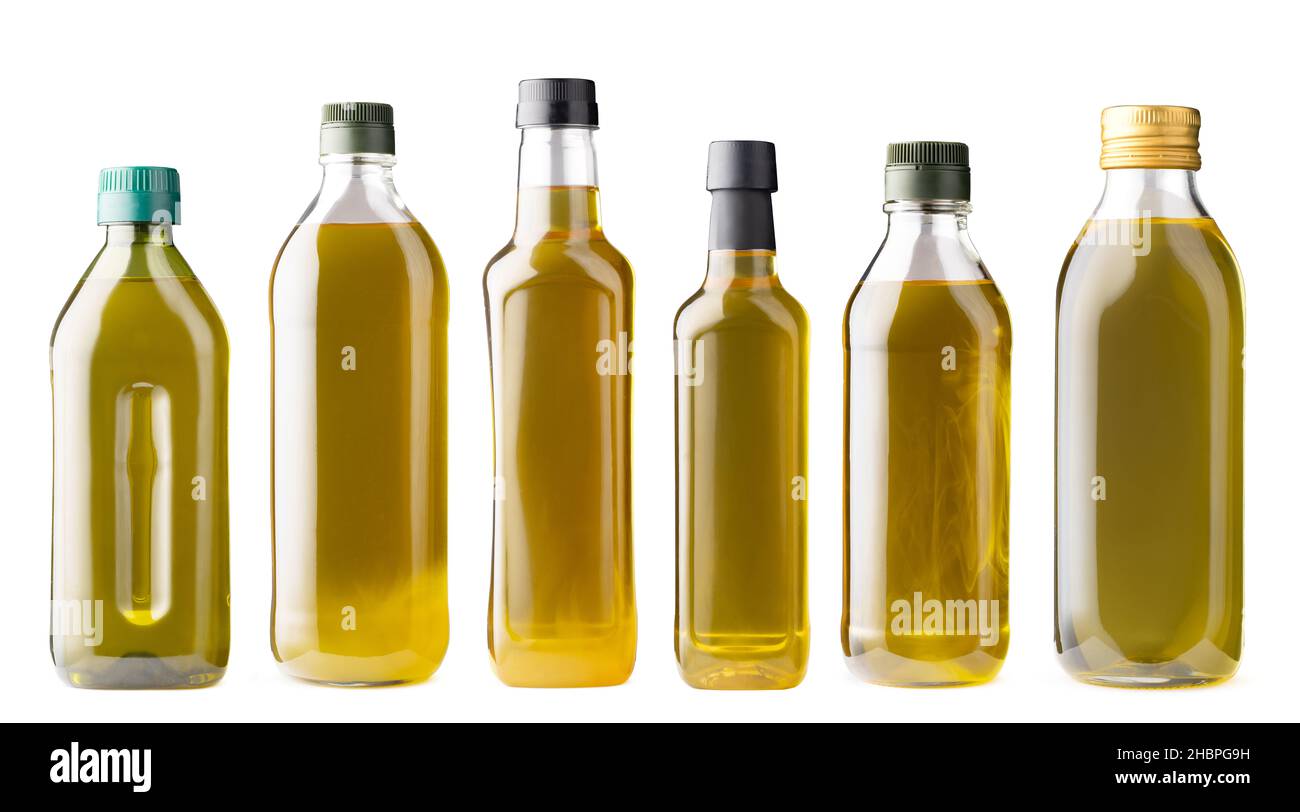 Row of olive oil bottles isolated on white Stock Photo Alamy
