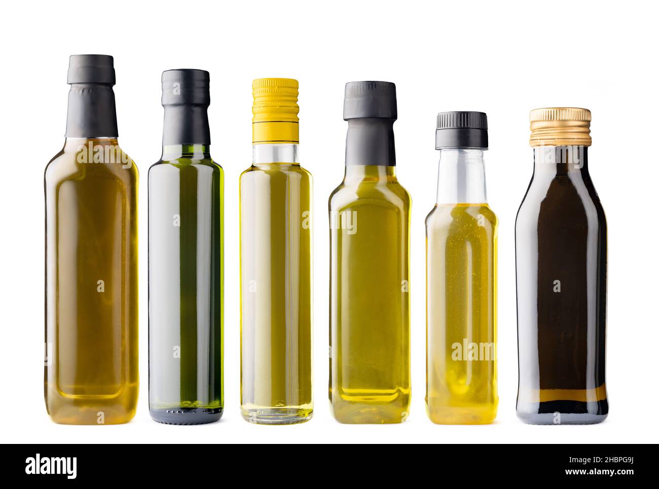 Row of olive oil bottles isolated on white Stock Photo Alamy