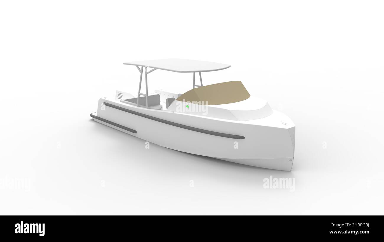 3D rendering of a small leisure motor boat yacht isolated in a white ...