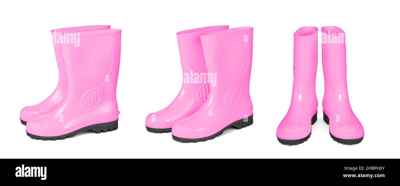 Pink rubber boots isolated on white background Stock Photo - Alamy