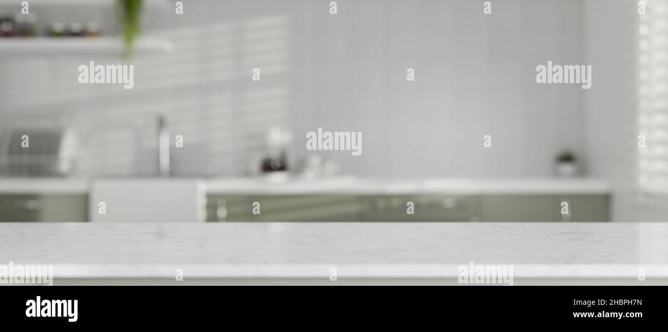 Copy space for montage product display on modern white granite kitchen ...