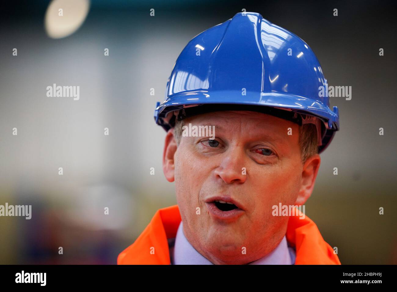 Transport Secretary Grant Shapps during a visit to the Leicester hub of Network Rail contractors SPL to see wiring gantries being built. Picture date: Monday December 20, 2021. Stock Photo