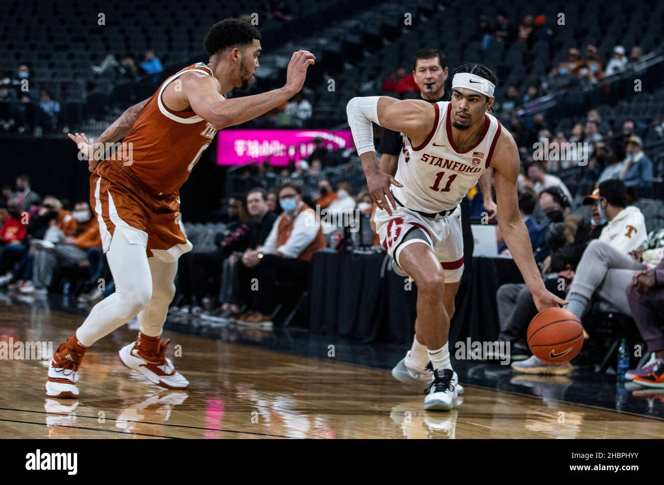 December 19 2021 Las Vegas, NV U.S.A. Stanford forward Jaiden Delaire (11) goes to the basket during the NCAA MenÕs Basketball Pac 12 Coast to Coast game between Stanford Cardinal and the Texas Longhorn.Texas beat Stanford 60-53 at T-Mobile Arena Las Vegas, NV. Thurman James/CSM Stock Photo