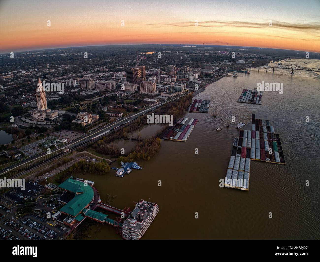 An aerial view of Baton Rouge, the Capitol of the American State of Louisiana at sunset Stock Photo