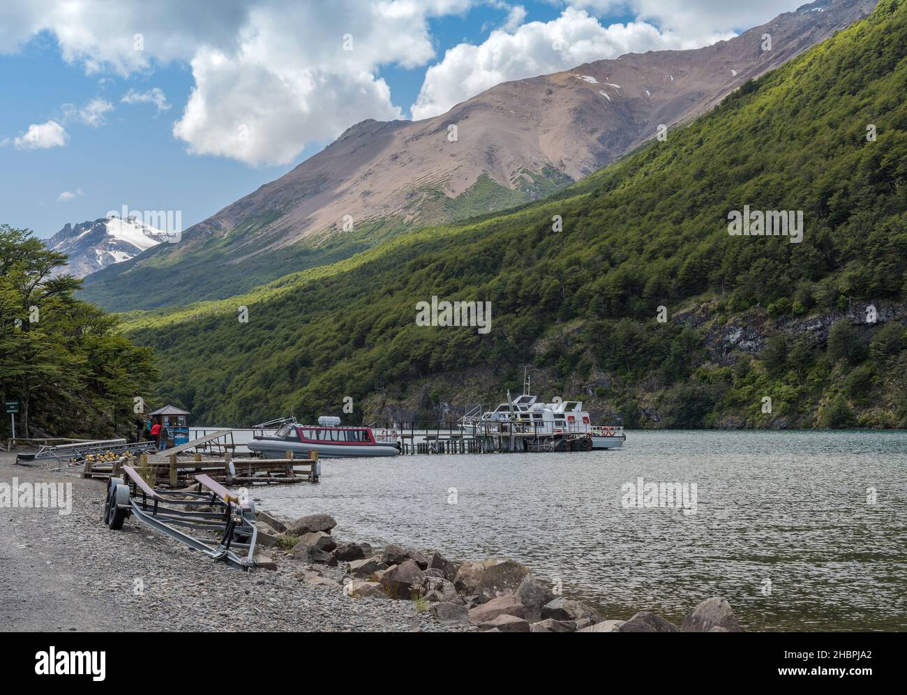 Jetty at Lake Desierto in the north of El Chalten, Argentina Stock Photo
