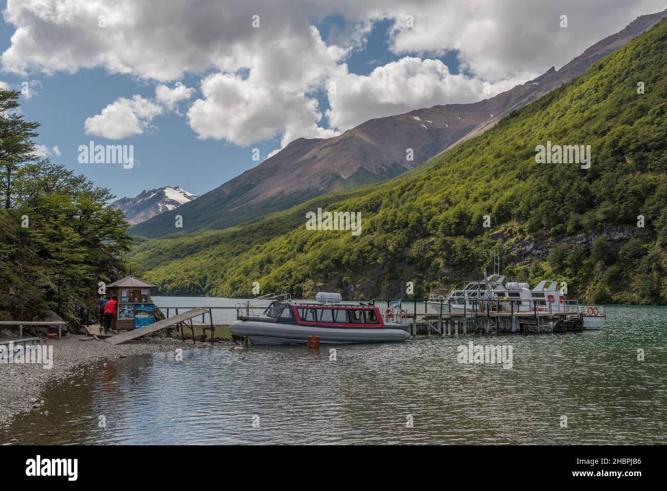 Jetty at Lake Desierto in the north of El Chalten, Argentina Stock Photo