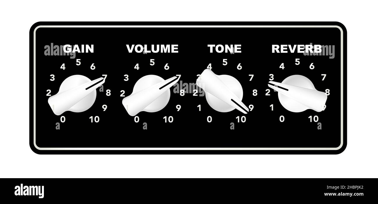 A section of an electric guitar amplifier control chicken head knobs