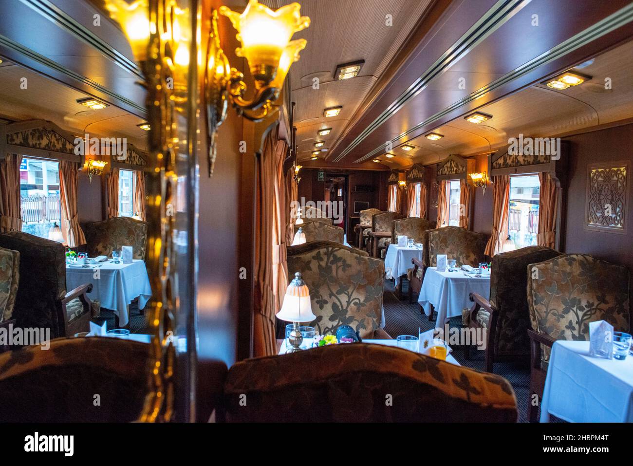 Interior of restaurant car railway carriage of Transcantabrico Gran Lujo luxury train travellong across northern Spain, Europe. Stock Photo