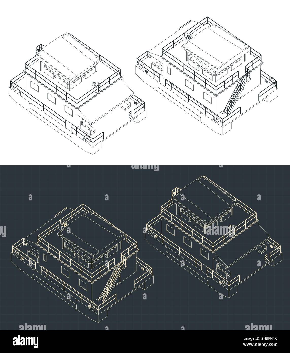 Stylized vector illustration of isometric blueprints of pontoon houseboat Stock Vector