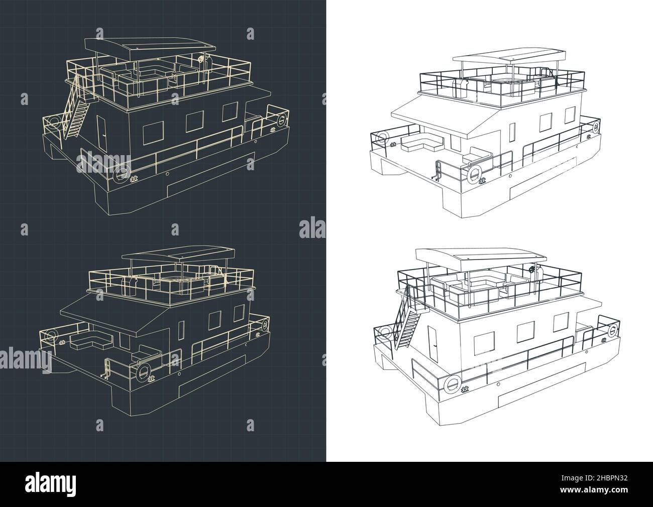 Stylized vector illustration of drawings of pontoon floating house Stock Vector