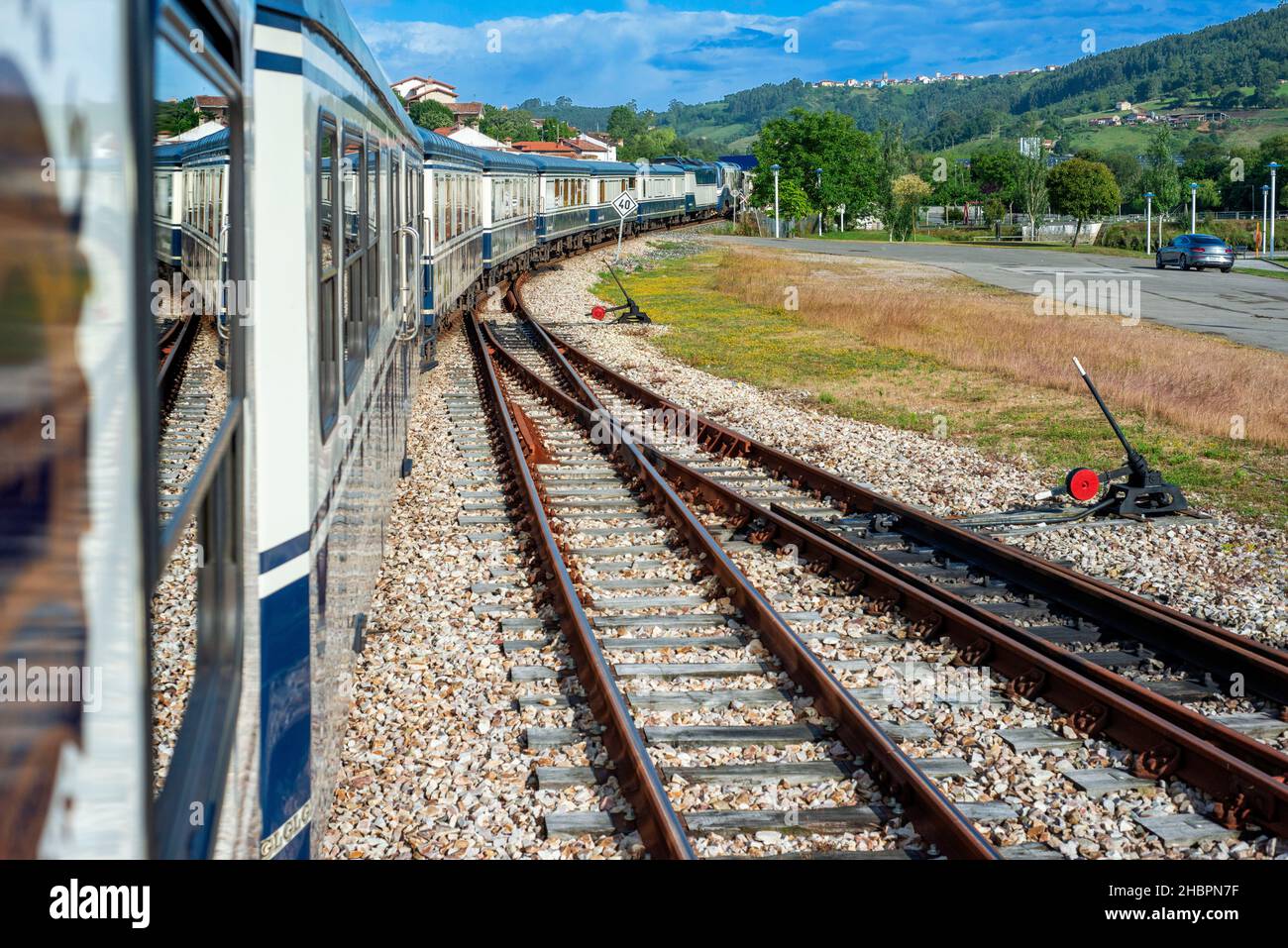 Outisde carriages of Transcantabrico Gran Lujo luxury train travellong