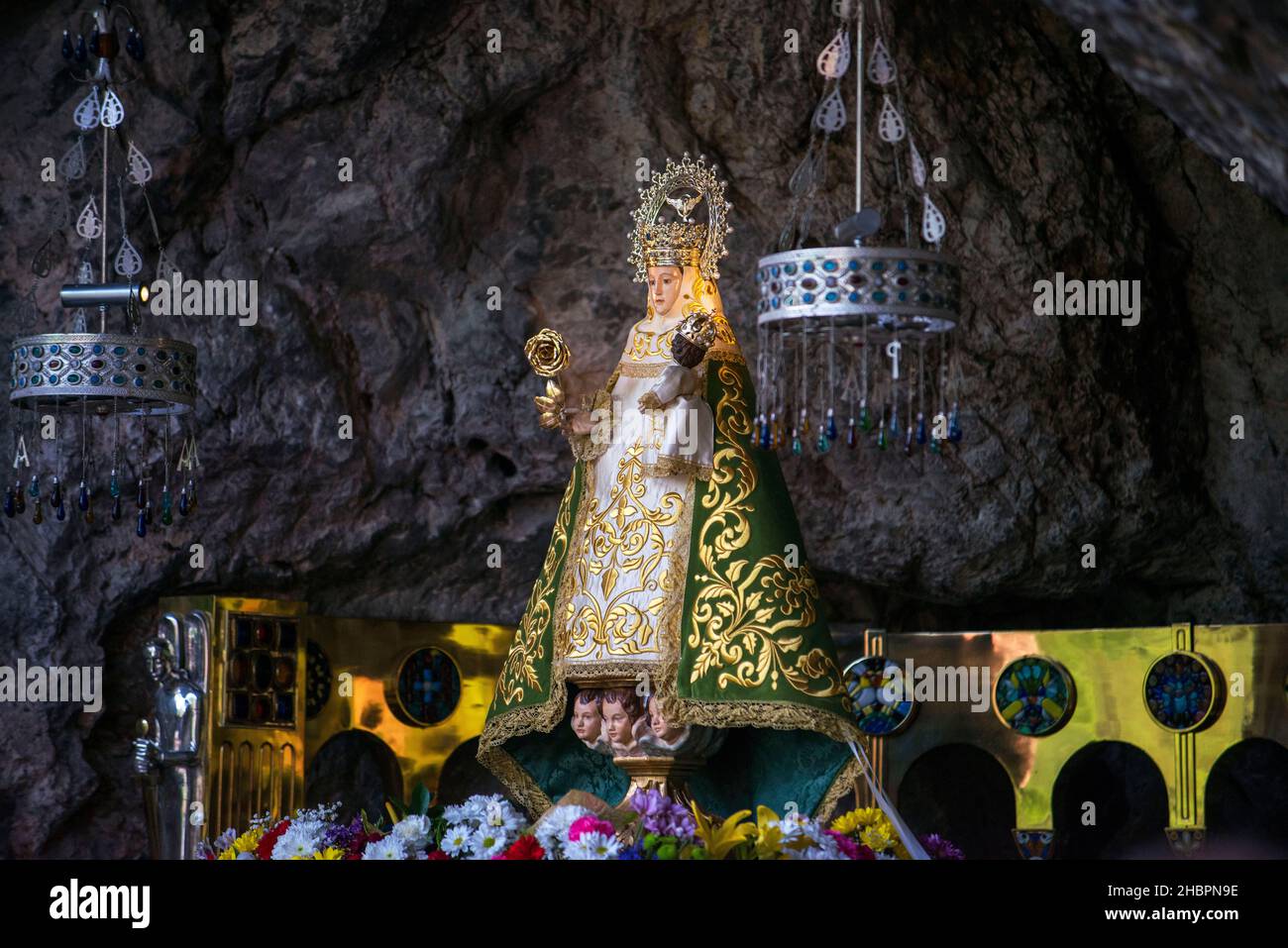 Our Lady of Covadonga. The Blessed Virgin Mary, and a Marian shrine devoted to her at Basílica de Santa María la Real de Covadonga catholic church in Stock Photo