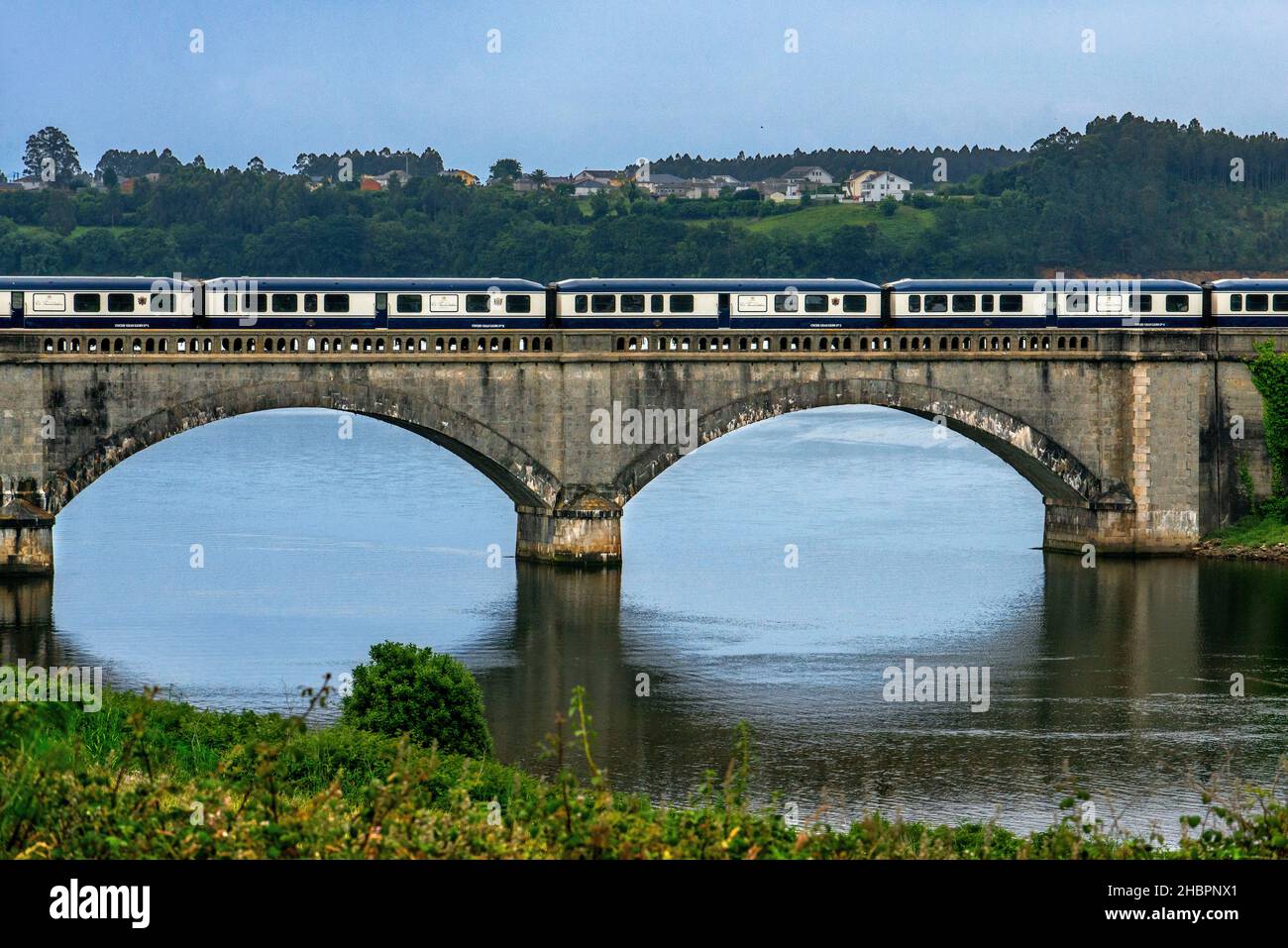 Outside of Transcantabrico Gran Lujo luxury train travellong across northern Spain, Europe. Bridge near Viveiro town, Galicia, Spain Stock Photo