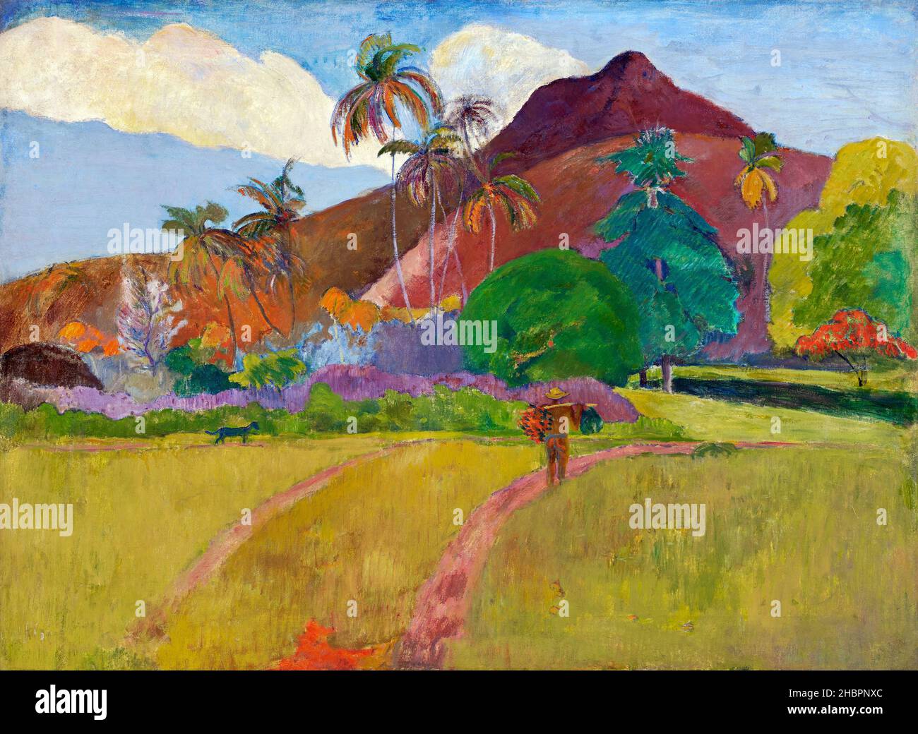 Tahitian Landscape (1891) famous painting Paul Gauguin. Stock Photo