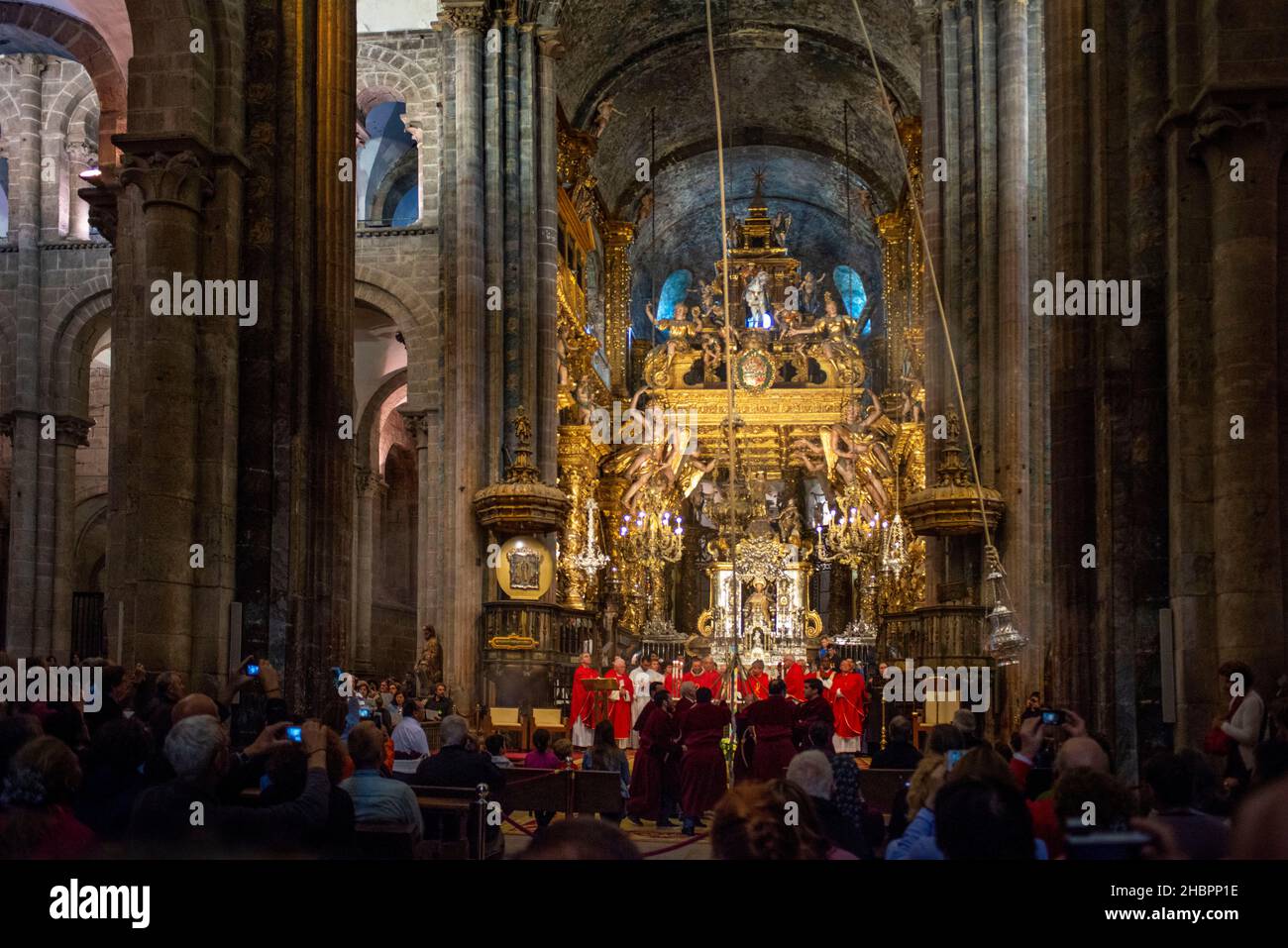 Botafumeiro ceremony in the Cathedral of Santiago de Compostela at Praza do Obradoiro Santiago de Compostela A Coruña, Spain. Stock Photo