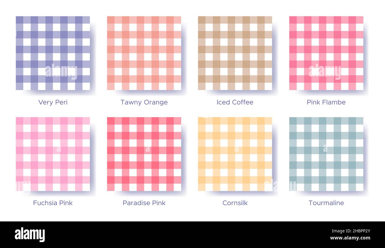 Gingham seamless pattern set in the color of 2022 Very Peri. Sample color guide palette catalog of swatches. Matching shades for fashion trends - ente Stock Vector
