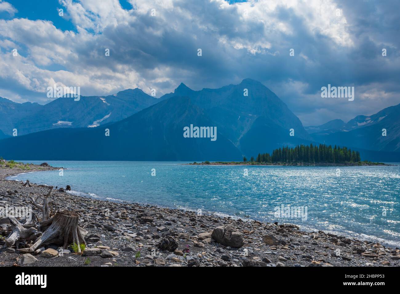 Scenic Upper Kananaskis Lake on a stormy summer day in the mountains, Alberta Canada. Stock Photo