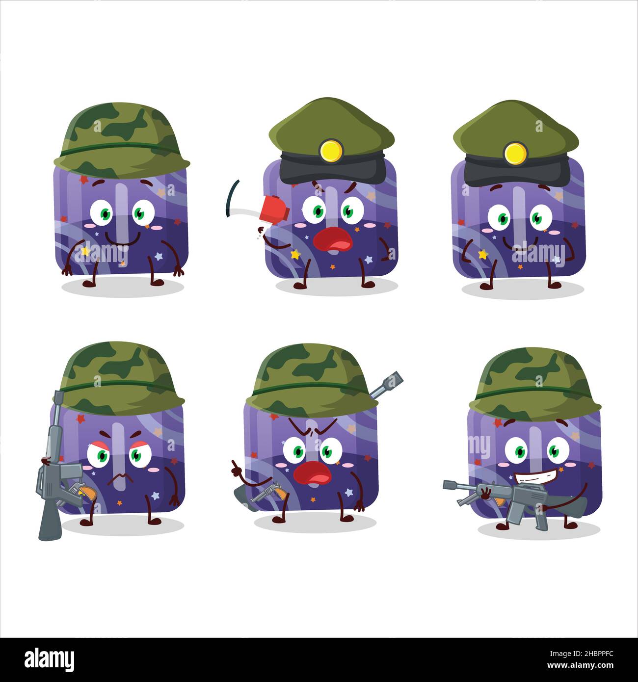 A charming soldier purple gummy candy I cartoon picture bring a gun machine. Vector illustration Stock Vector