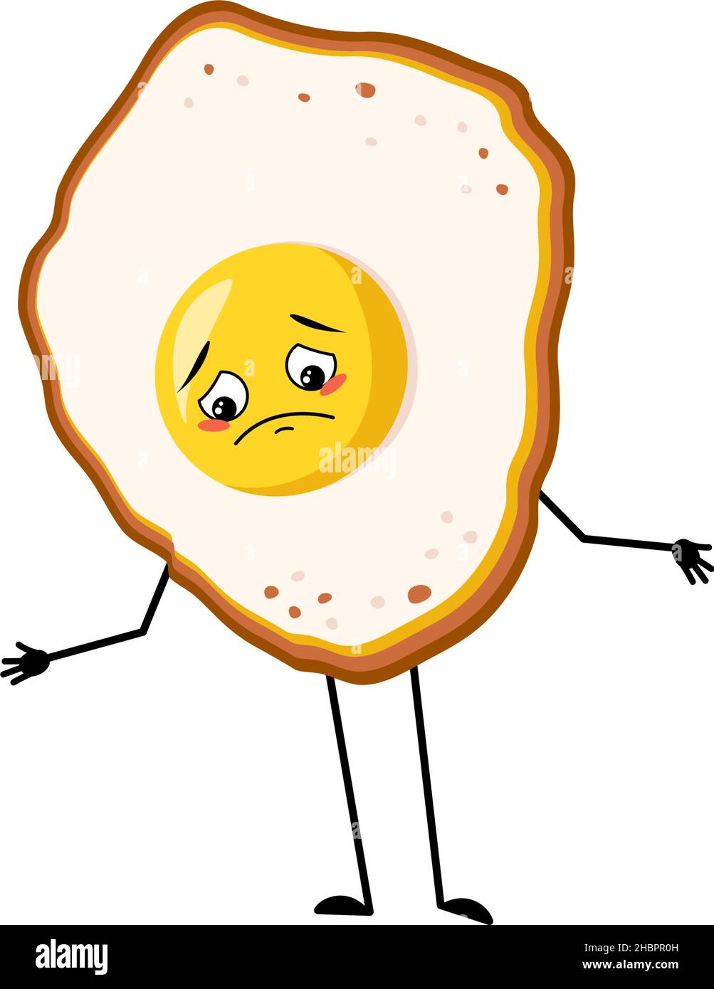 Cute character scrambled eggs with yolk and protein with sad emotions, depressed face, down eyes, arms and legs. Fun food for breakfast with melancholy expression. Vector illustration Stock Vector