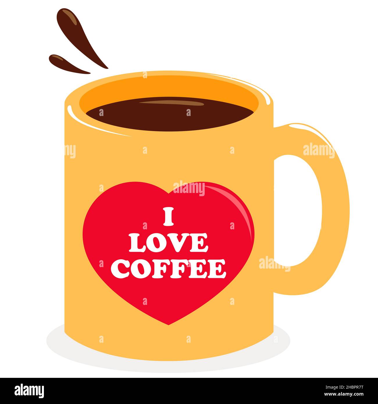 Cup of coffee on white background. Yellow mug with I love coffee text. Hot breakfast drink, cafe or cocoa. Stock Photo