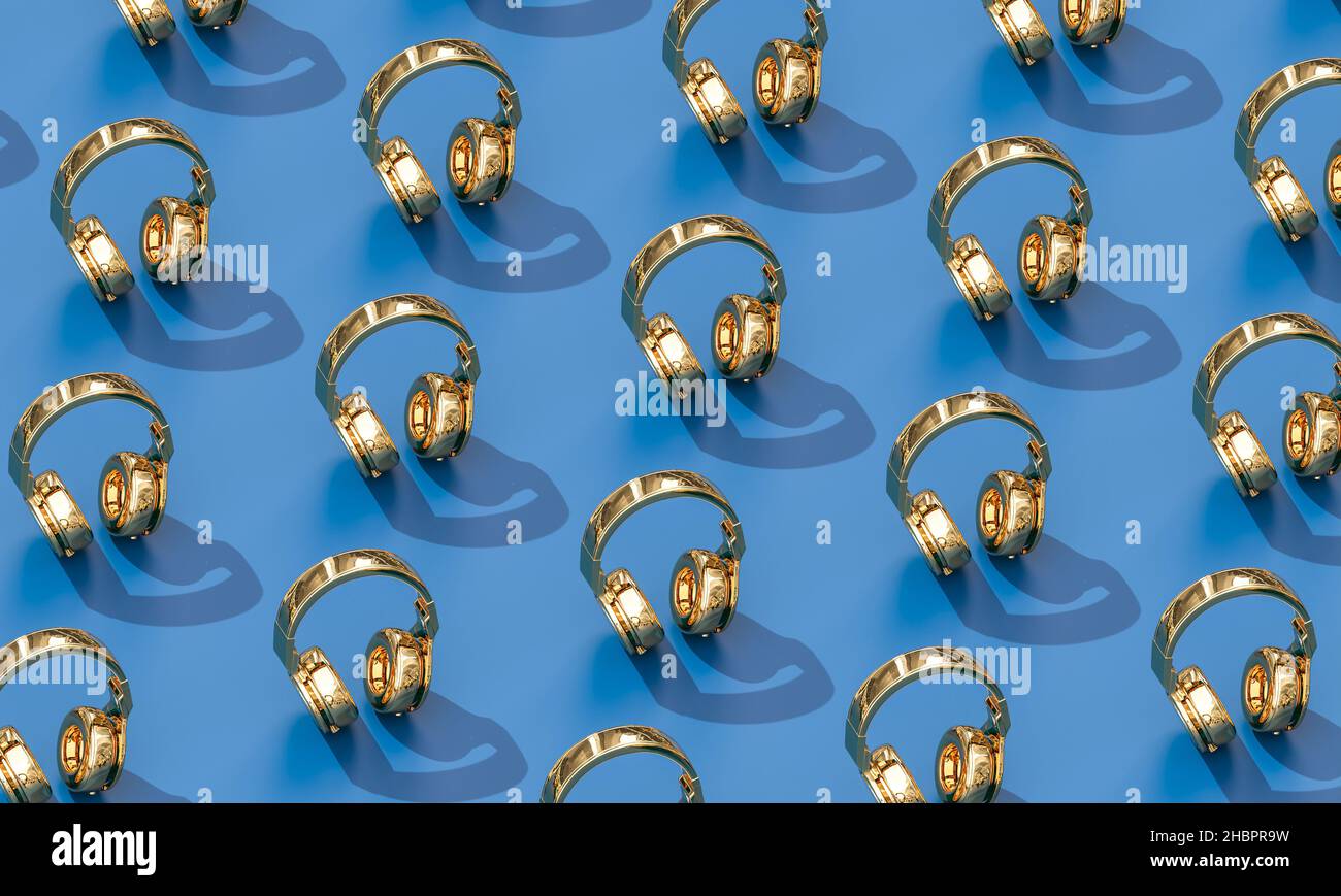 gold wireless hi-fi headphones on blue background in flat lay style. 3d render Stock Photo