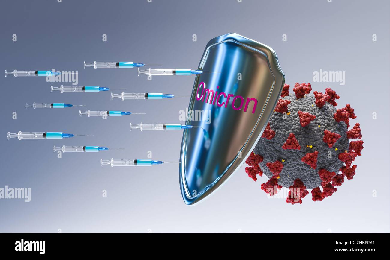 omicron variant covid-19 with vaccine protection shield. concept of drug ineffectiveness. 3d render Stock Photo