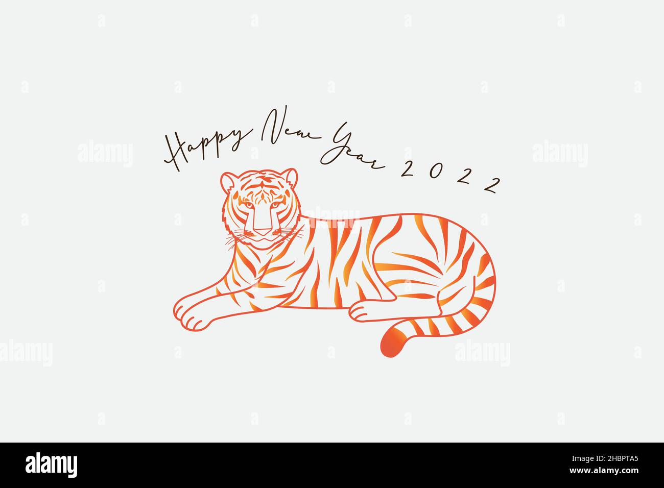 A vector, illustration of a Bengal tiger, yellow-orange gradient pattern, sitting on light gray background with text happy new year 2022 Stock Vector