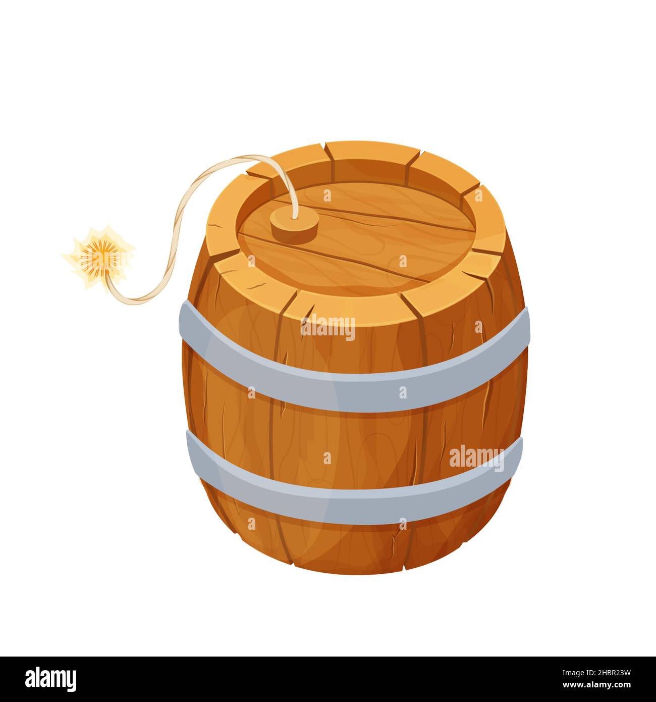 TNT wooden barrel with detonator in comic cartoon style isolated on white background. Explosive weapon, bomb. Ui game asset. . Vector illustration Stock Vector