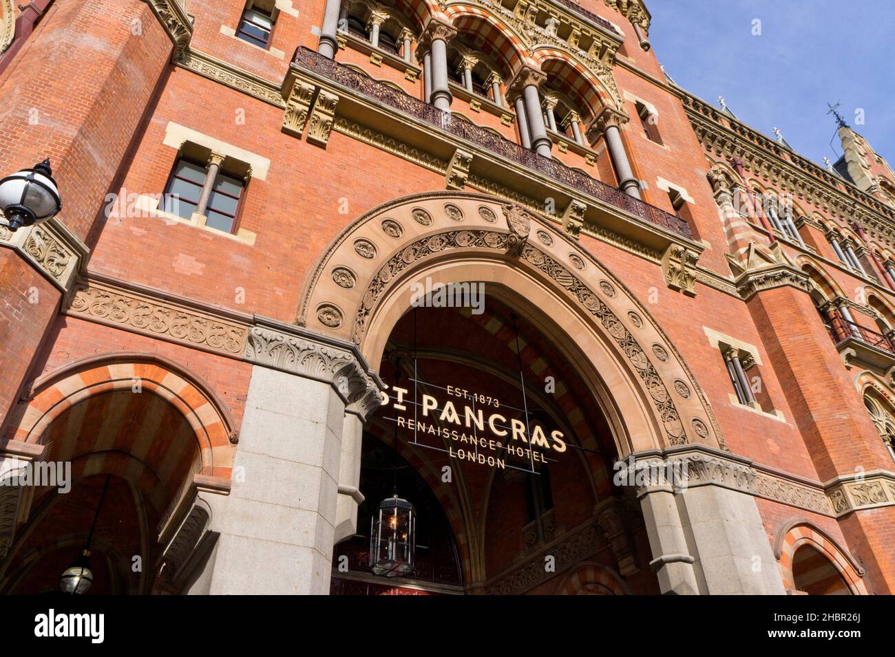 Exterior of the St Pancras Renaissance Hotel, London; a refurbishment of the former Midland Grand Hotel by George Gilbert Scott from 1873 Stock Photo