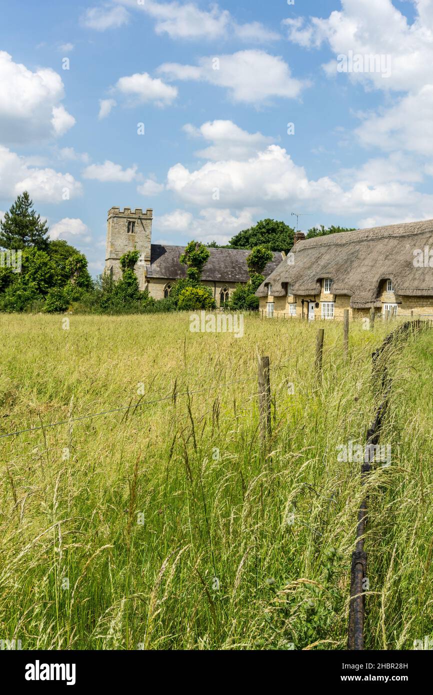 Thatched house with a church in the background, a quintessential English scene from the village of Alderton, Northamptonshire, UK Stock Photo