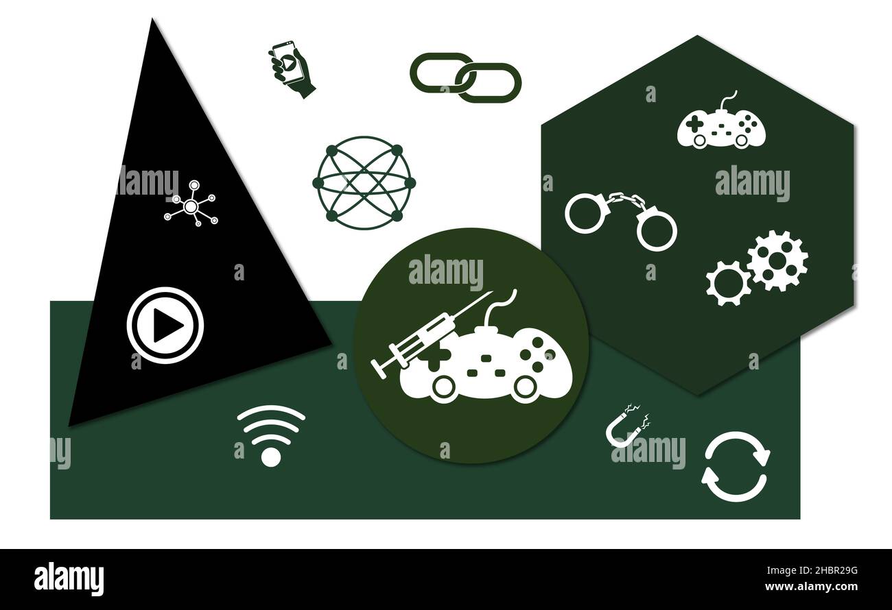 Concept of video game addiction with icons on geometric shapes