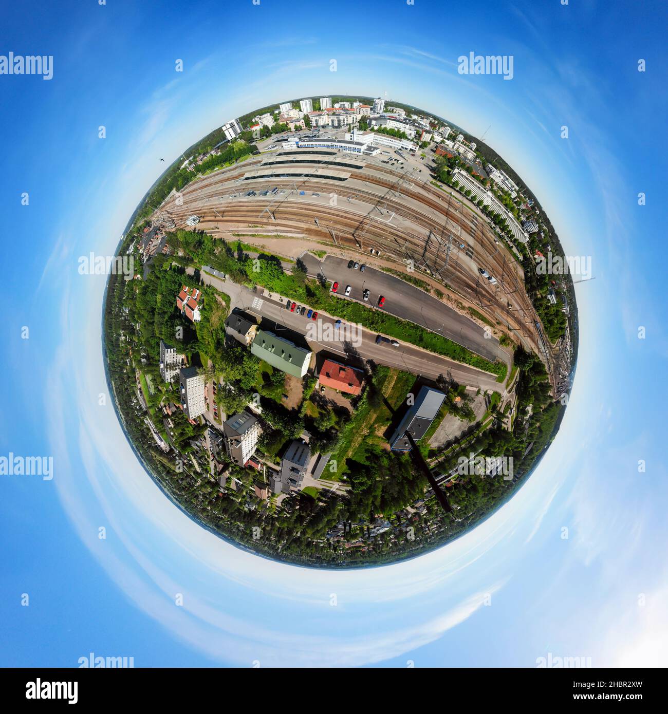 A three dimensional aerial panoramic view of Kouvola railway station and city center. Stock Photo