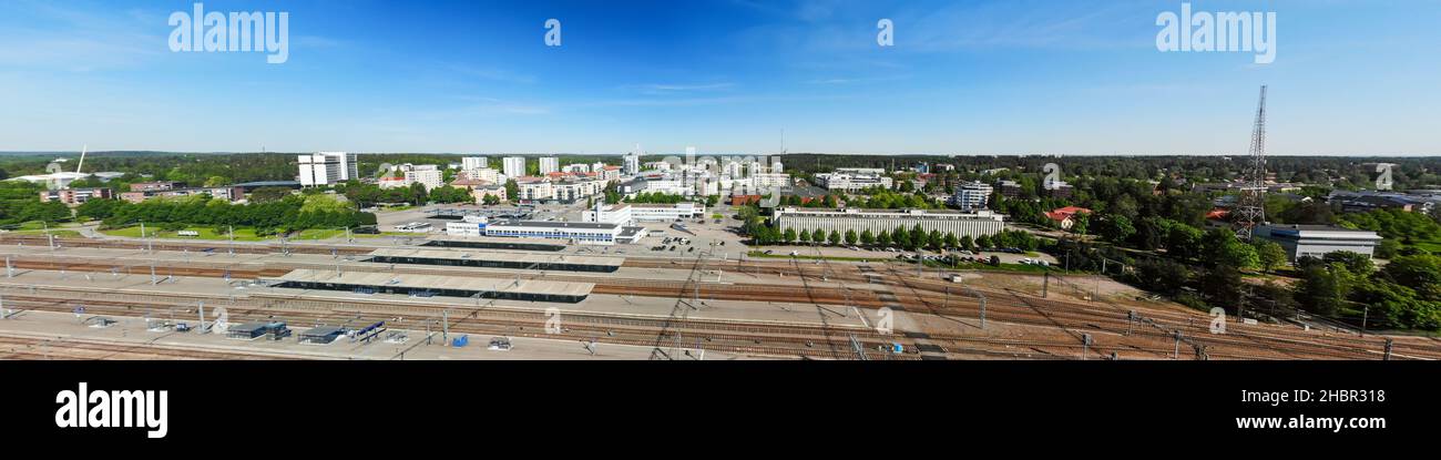 Aerial panoramic view of Kouvola railway station and city center. Stock Photo