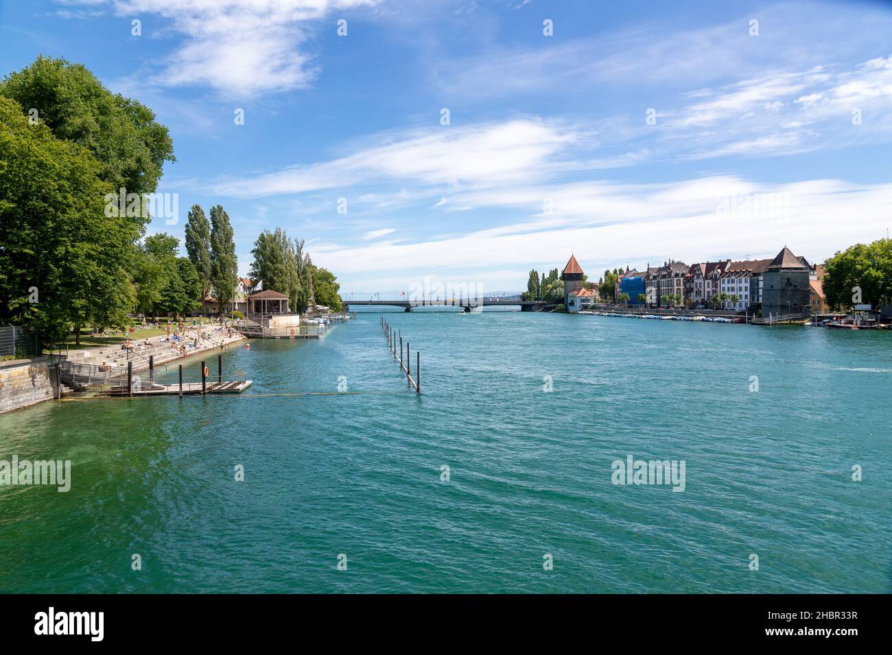 Konstanz view over the river to the bridge towards Lake Constance and the Alps in the background Stock Photo