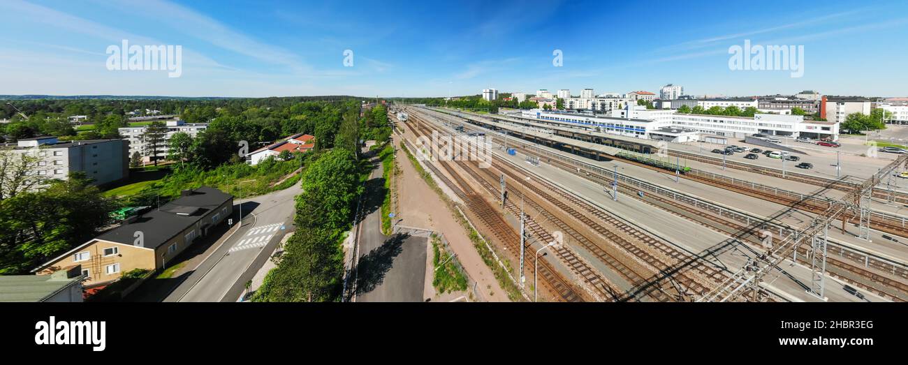 Aerial panoramic view of Kouvola railway station and city center. Stock Photo