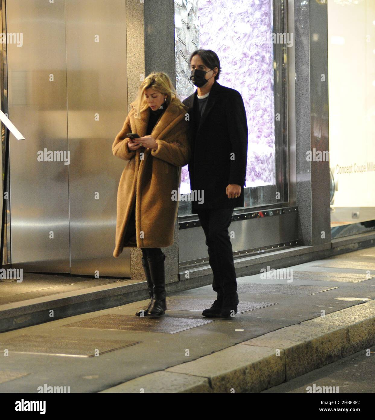 Milan, . 15th Dec, 2021. Milan, Simone Inzaghi, coach of the new league  leaders INTER, arrives late in the evening with his wife GAIA LUCARIELLO  and together they go to the "MONCLER"