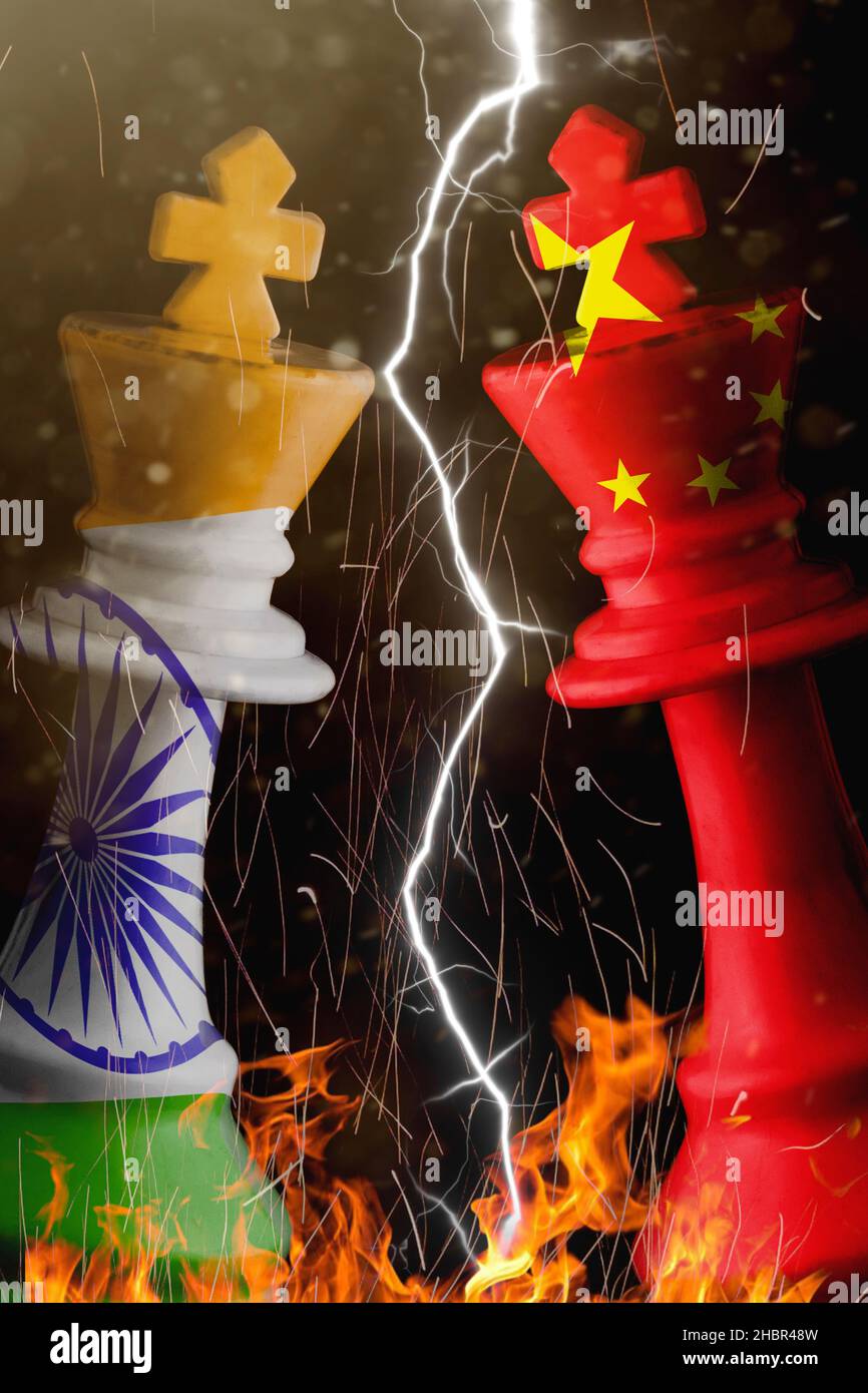 china and india flags paint over on chess king. 3D illustration india vs china. Stock Photo